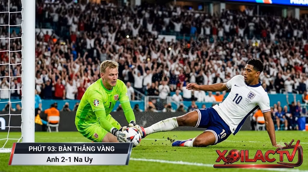Khoảnh khắc Jude Bellingham băng vào đá bồi chớp nhoáng ghi bàn thắng vàng ở phút 93, ấn định chiến thắng 2-1 cho đội tuyển Anh trước Na Uy.