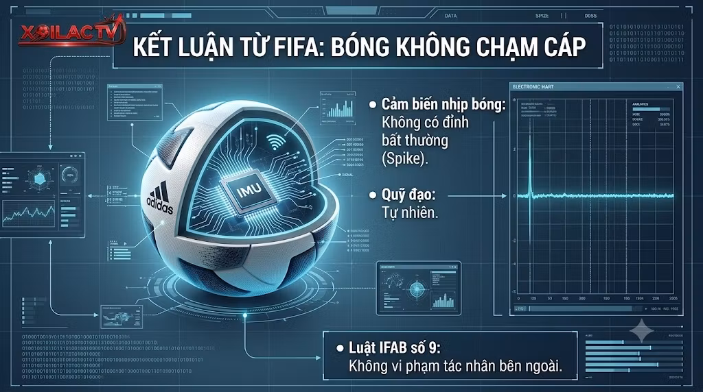Infographic giải thích công nghệ chip cảm biến IMU bên trong quả bóng Adidas Connected Ball được FIFA sử dụng để xác nhận bóng không chạm dây cáp.