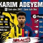 Infographic chi tiết hồ sơ, thống kê thành tích và điểm mạnh tốc độ của tiền đạo Karim Adeyemi trong thương vụ chuyển nhượng đến Barcelona, cập nhật bởi Xoilac TV.