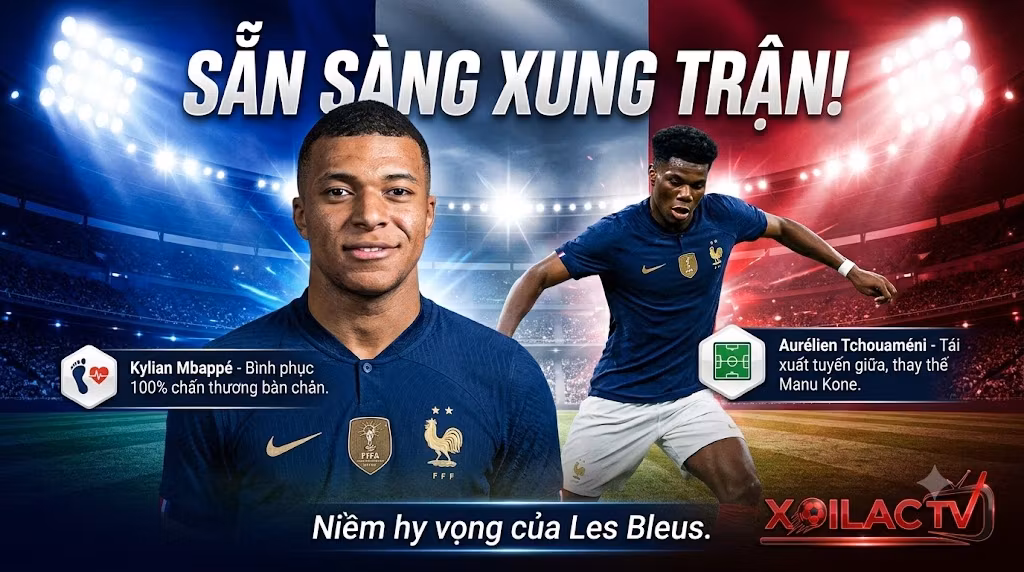 Đội trưởng Kylian Mbappe và tiền vệ Aurelien Tchouameni bình phục chấn thương, sẵn sàng đá chính trận Pháp gặp Tây Ban Nha.