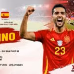 Hình ảnh tiền vệ Mikel Merino ăn mừng cảm xúc sau khi ghi bàn phút 88, ấn định chiến thắng Tây Ban Nha 2-1 Bỉ tại Tứ kết World Cup 2026 trên Xoilac TV.