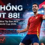 Mikel Merino ăn mừng bàn thắng quyết định ở phút 88 giúp Tây Ban Nha đánh bại Bỉ 2-1 tại tứ kết World Cup 2026, cập nhật trên Xoilac TV.